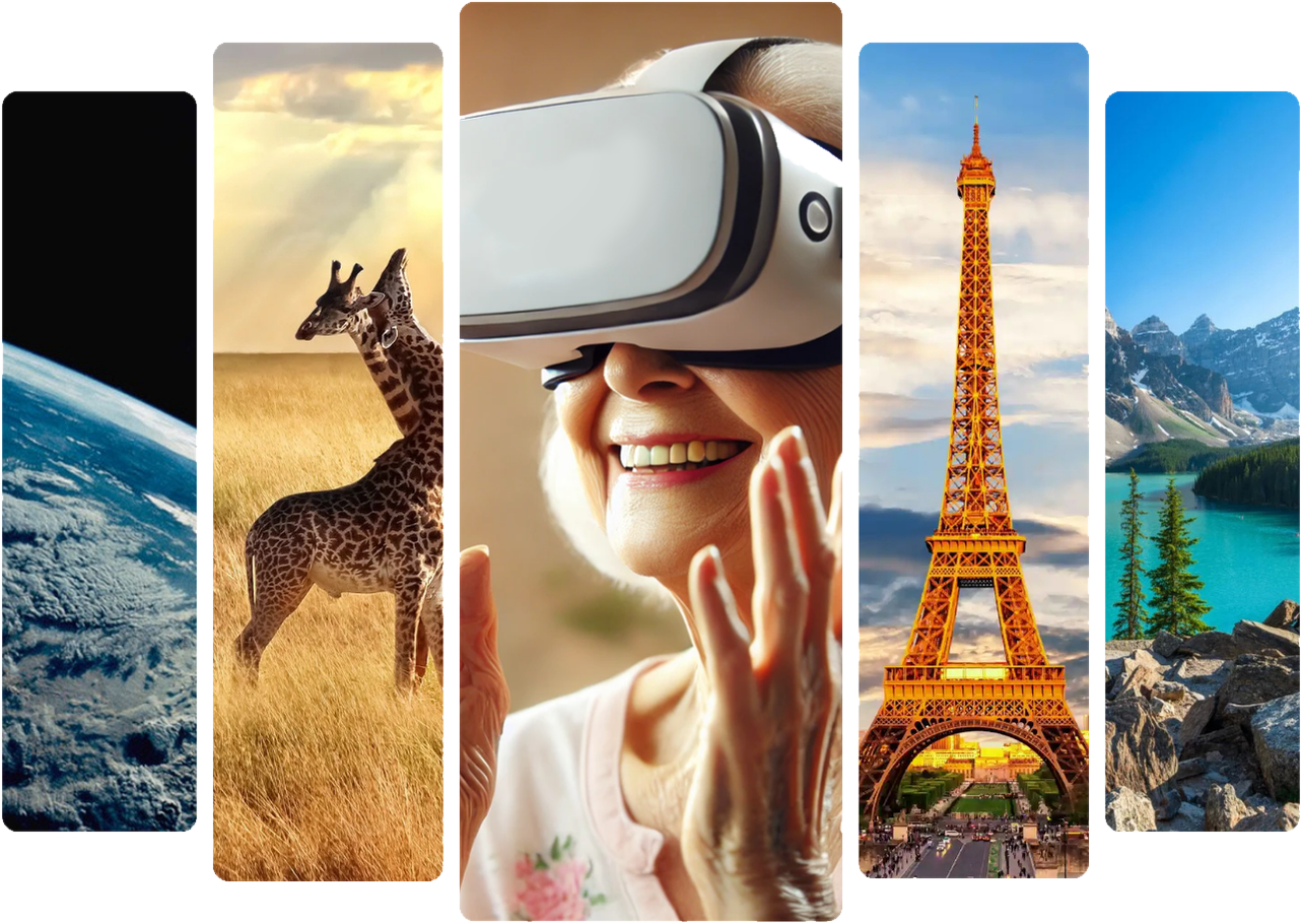 Une femme âgée sourit sous un casque de réalité virtuelle, entourée des destinations proposées : la Terre vue de l'espace, des girafes en savane, la tour Eiffel et un lac de montagne